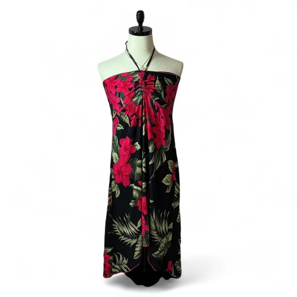 Ravant Hawaii Tropical Floral Halter Dress Women M Black Pink Hibiscus Midi Boho